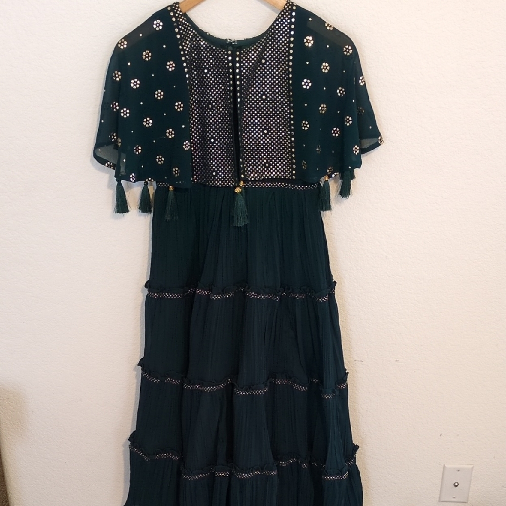 Formal Dress: Deep Green w/Gold Embellishments & Flowy Cape on Modest Sleeveless - Picture 2 of 16